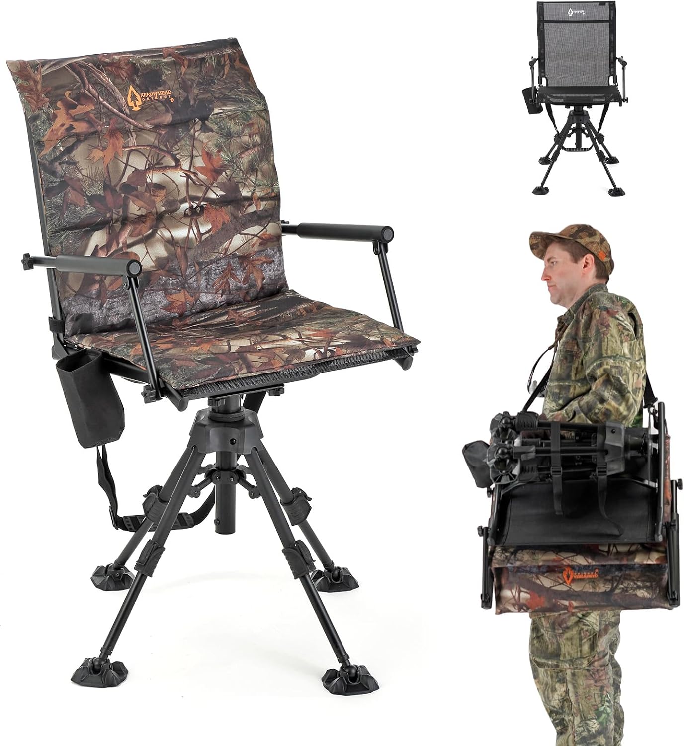 360° Swivel Hunting Chair with Adjustable Legs & Rifle Rest – Portable Tripod Seat - 360 Swivel feet adjustable Camo