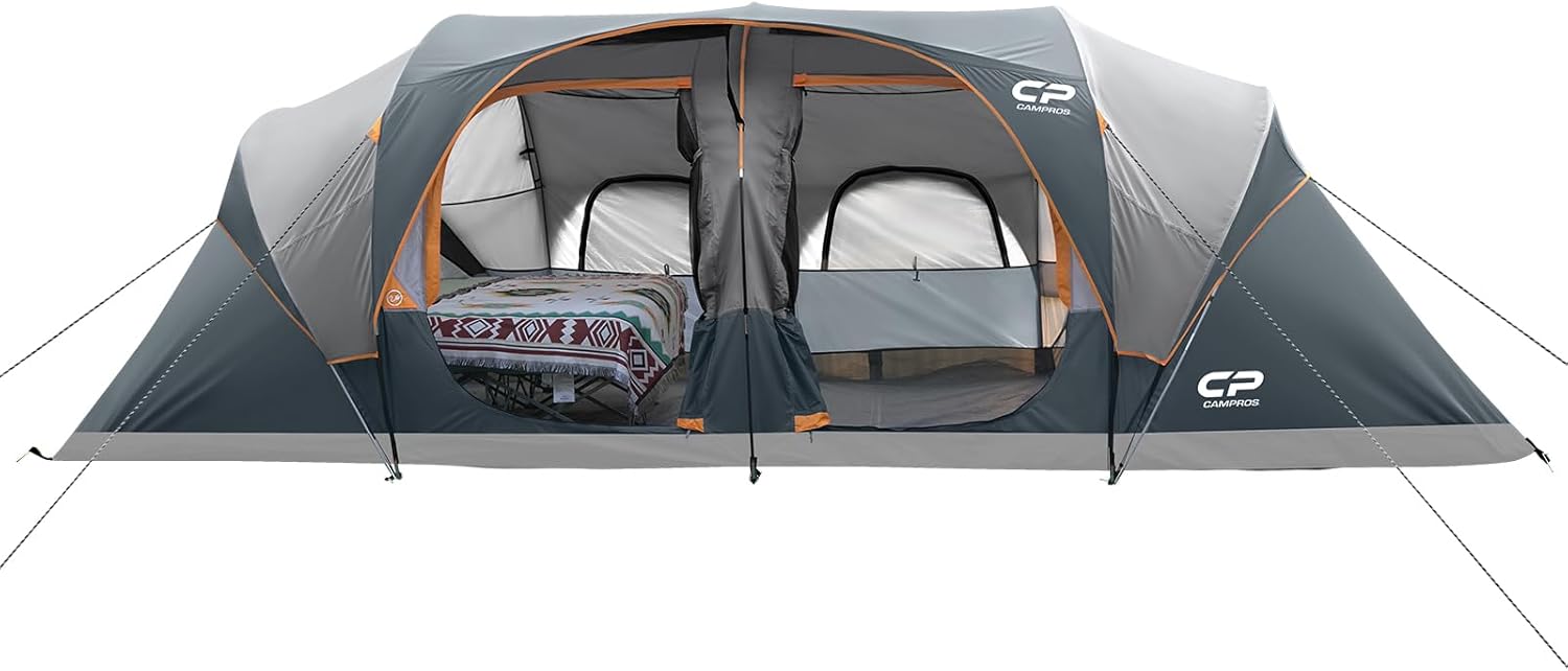 10–12 PERSON WATERPROOF CABIN CAMPING TENT WITH ROOM DIVIDERS, RAINFLY & CARRY BAG - Gray - 12 Person Tent