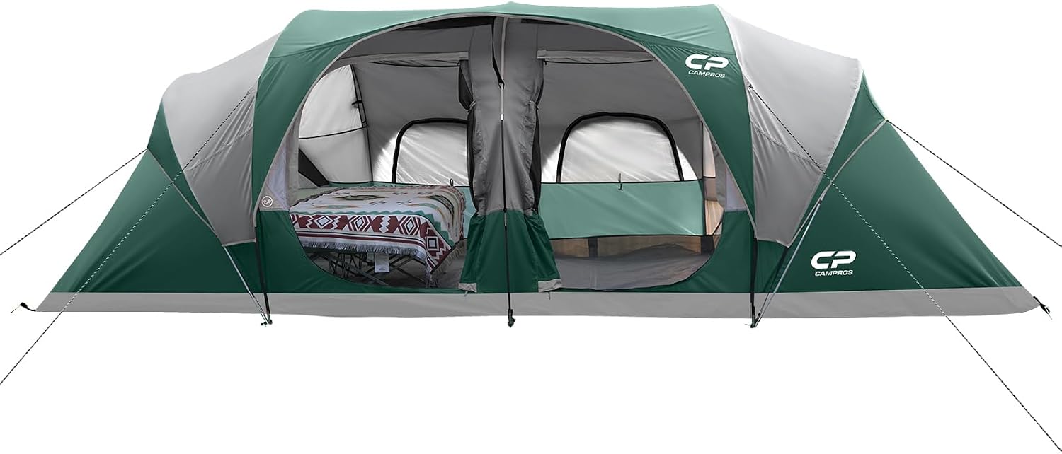 10–12 PERSON WATERPROOF CABIN CAMPING TENT WITH ROOM DIVIDERS, RAINFLY & CARRY BAG - Dark Green - 12 Person Tent