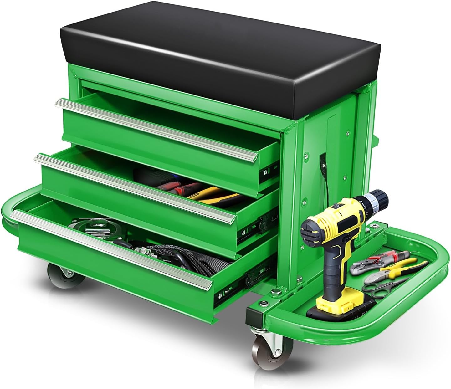 Mobile Mechanic Toolbox Seat with Drawers - Rolling Mechanic Stool with Sliding Tool Tray, Shop Stool with Wheels for Garage & Workshop, Auto Repair - Green 350 lb Rolling Mechanic Stool with 3 Drawers