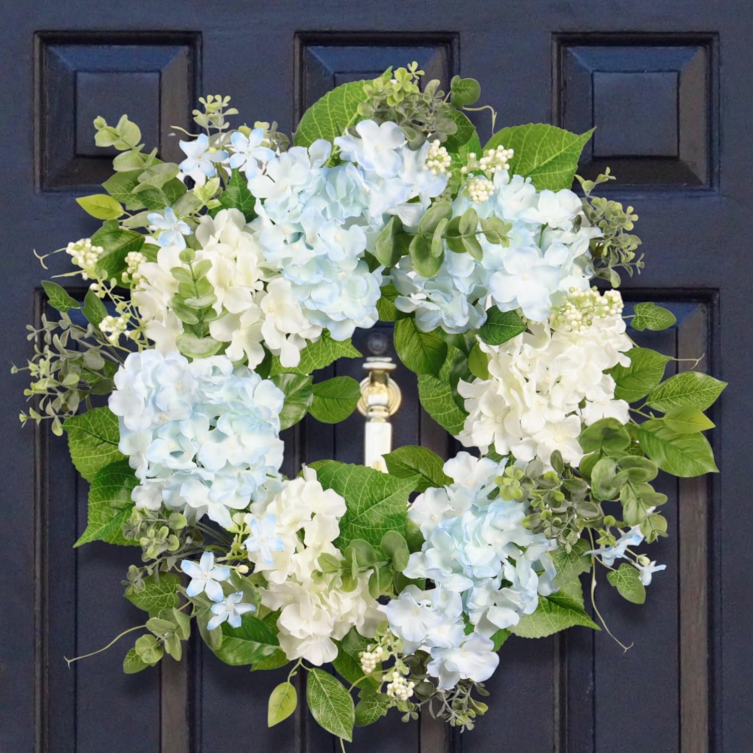 HYDRANGEA WREATH FOR FRONT DOOR – ARTIFICIAL FLORAL PORCH DÉCOR - Blue Cream 20–21" Hydrangea & Eucalyptus Wreath