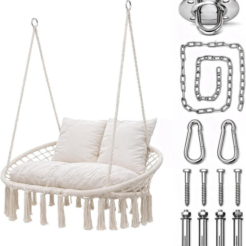 2-Person Hanging Hammock Chair with Cushion – Boho Macrame Swing for Indoor & Outdoor Relaxation