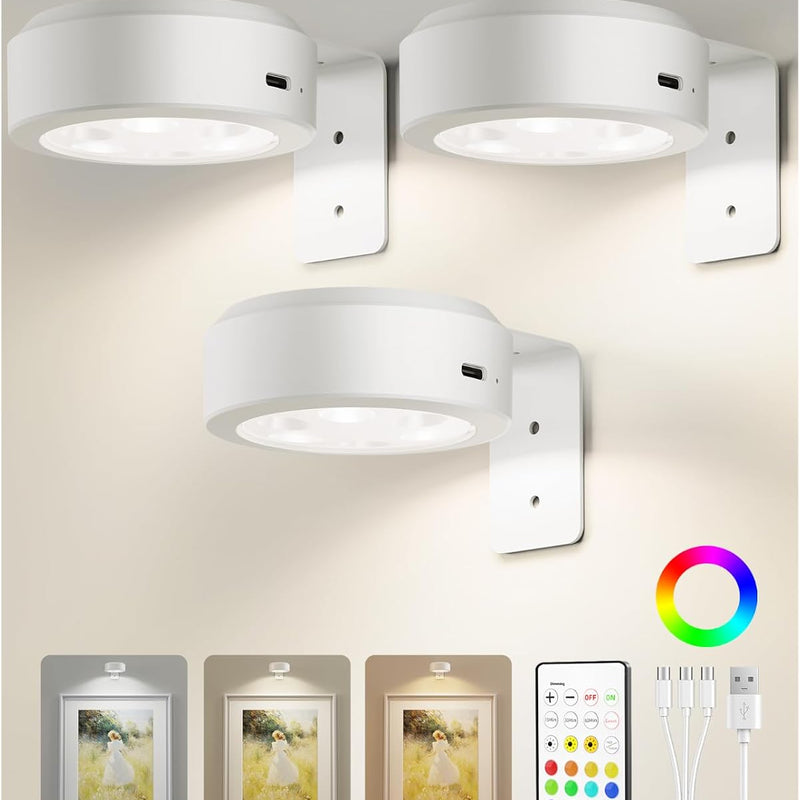 Rechargeable Picture Lights for Wall, 3-Pack — Round or Rectangular
