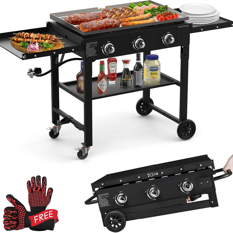 2 & 3 Burner Portable Propane Flat Top Griddle with Side Shelves & Cart