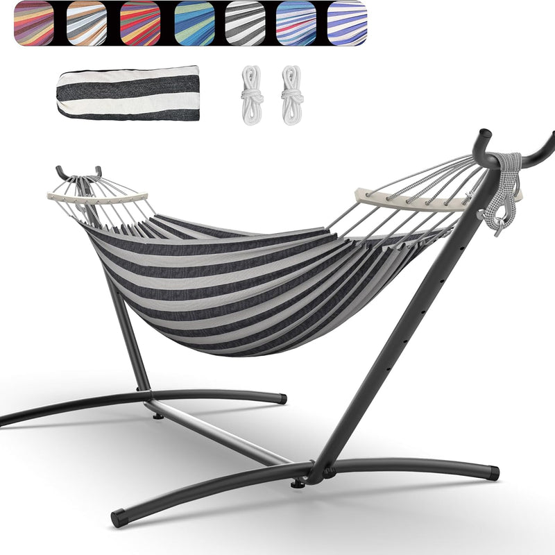 Double Hammock with Stand – Portable, Adjustable, 600 lb Capacity, Indoor & Outdoor