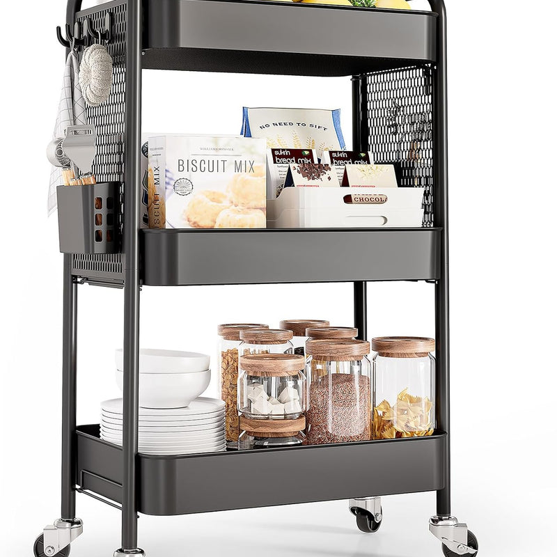 3-Tier Metal Rolling Cart – Foldable or Fixed Pegboard Styles