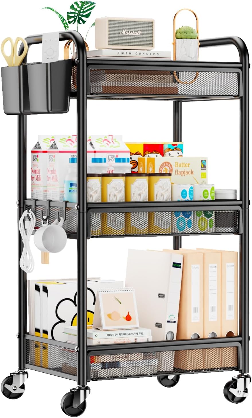 3-TIER ROLLING CART – METAL ORGANIZER WITH LOCKABLE WHEELS - Black 3-Tier Metal Rolling Utility Cart