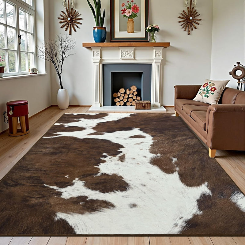 Faux cowhide rug in cow print styled under a leather sofa in a modern living room