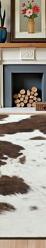 Faux cowhide rug in cow print styled under a leather sofa in a modern living room - 5x7 Feet / Cow   Print