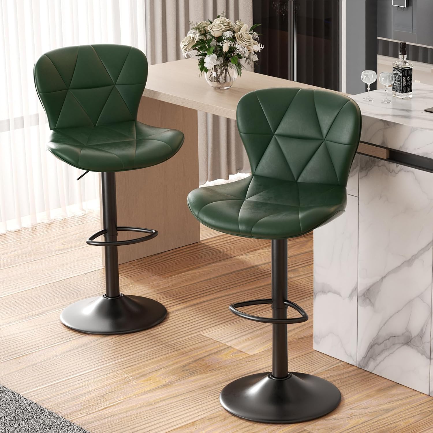 COUNTER BAR STOOLS SET OF 2 – ADJUSTABLE SWIVEL FAUX LEATHER SEATS - Green Set of 2 Adjustable Faux Leather Swivel Bar Stools
