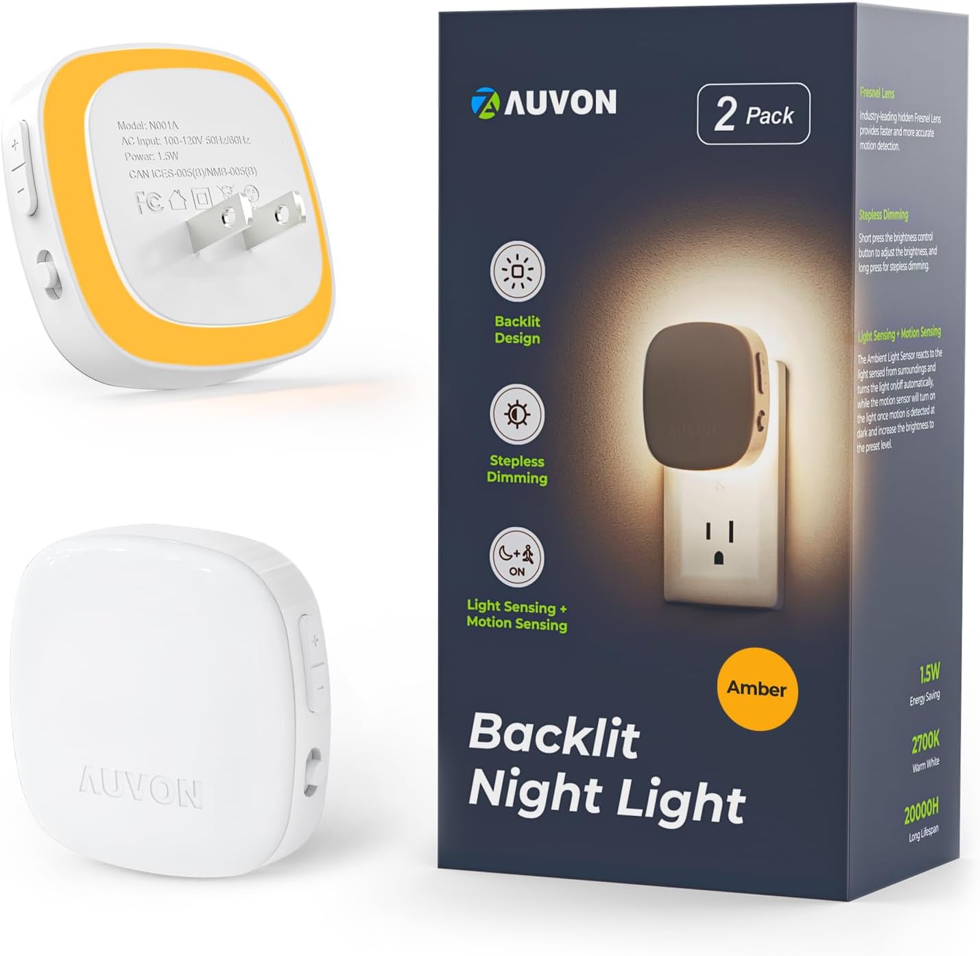 PLUG-IN NIGHT LIGHT – MOTION SENSOR, DUSK-TO-DAWN & DIMMING - 1600K Amber 2-Pack AUVON Backlit Night Lights