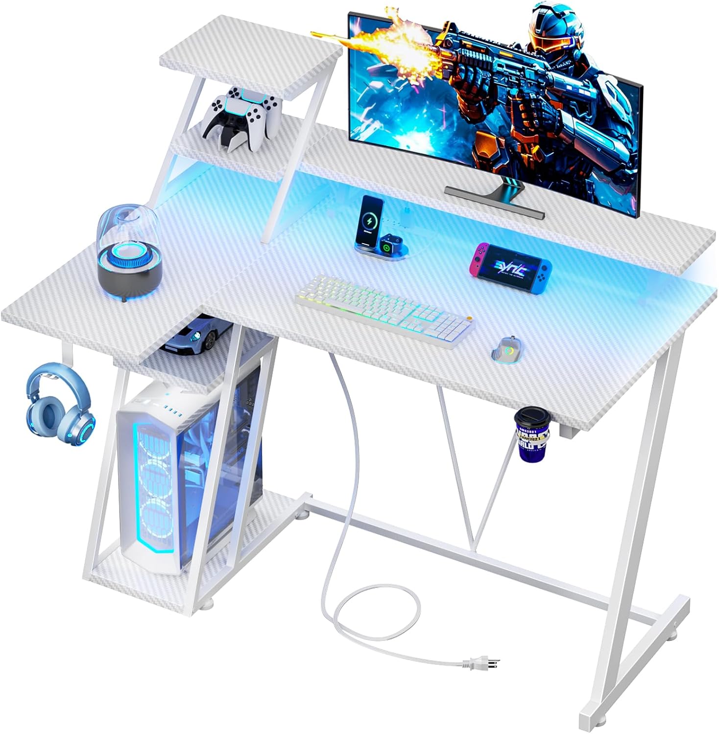 L-SHAPED GAMING DESK – LED LIGHTS & POWER OUTLETS - 40" Carbon Fiber White L-Shaped Gaming Desk