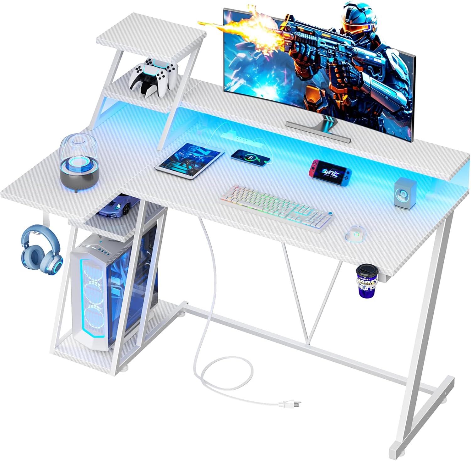 L-SHAPED GAMING DESK – LED LIGHTS & POWER OUTLETS - 47" Carbon Fiber White L-Shaped Gaming Desk