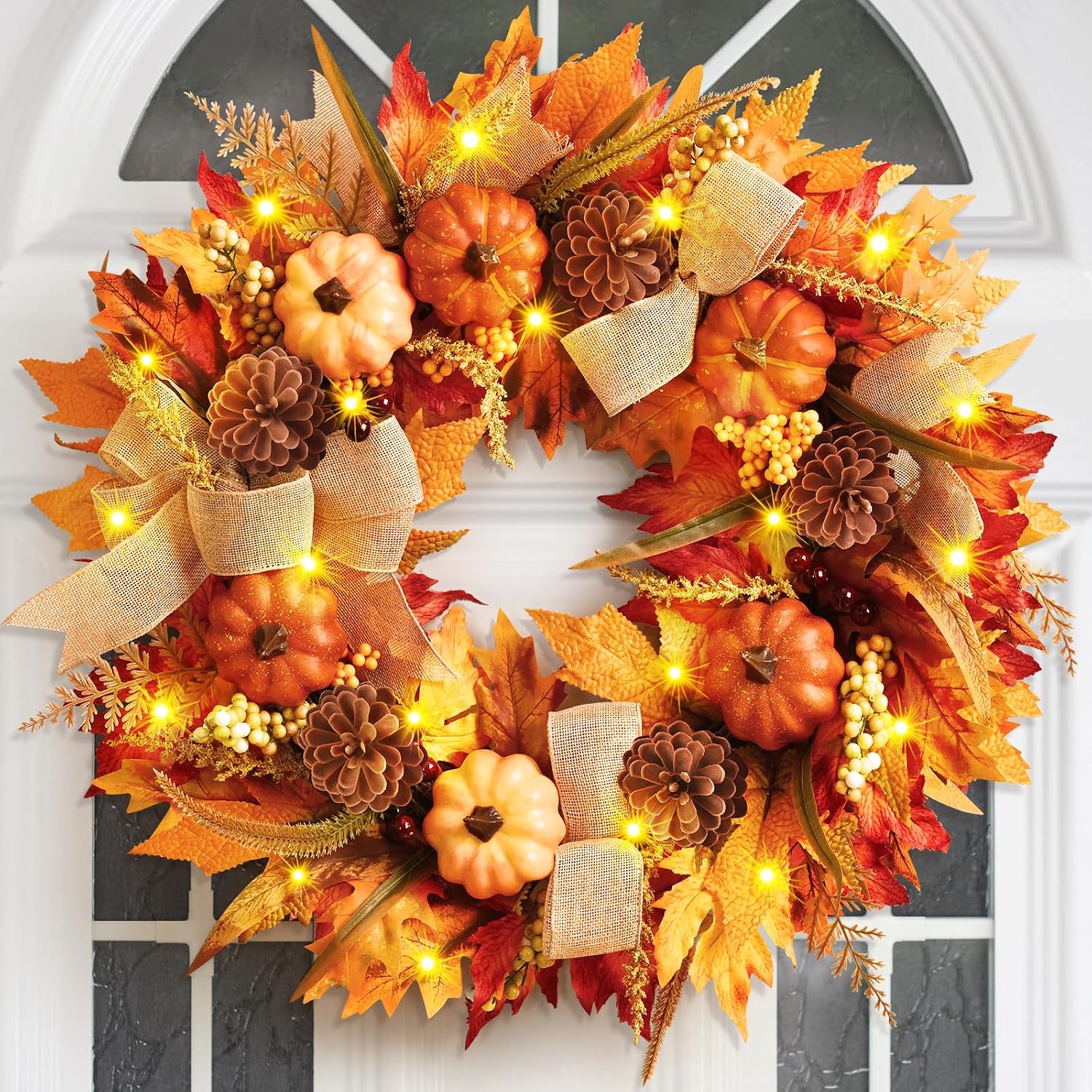 PUMPKIN WREATH FOR FRONT DOOR – FALL FARMHOUSE DÉCOR - Yellow 20" Pumpkin & Maple Leaf Fall Wreath