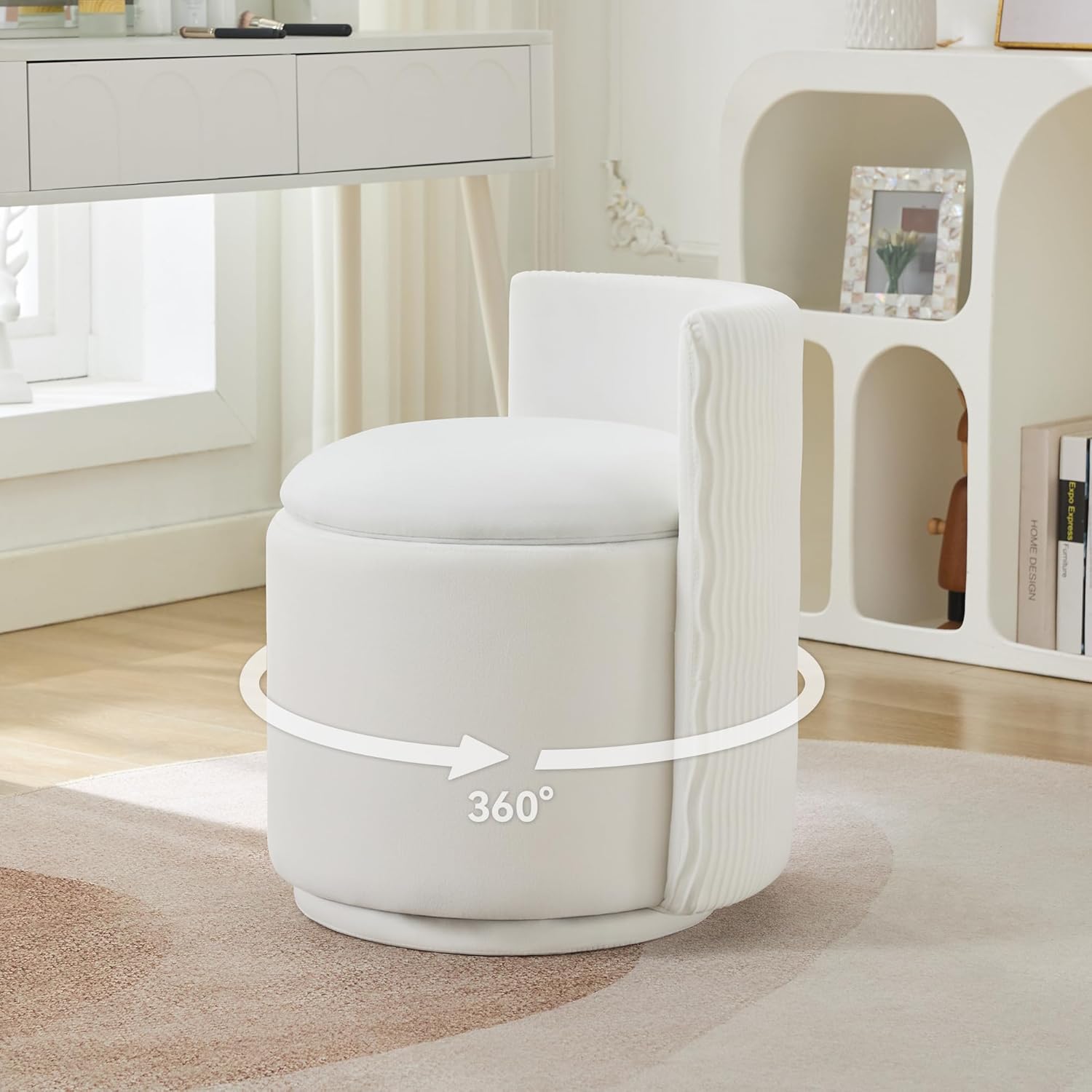 Swivel Accent Chair with Storage, 360 Degree Velvet Small Accent Chair, No Assembly Comfy Bedroom Chair for Living Room, Reading, Dressing Room - White (18.5"x23") Swivel Storage Vanity Chair