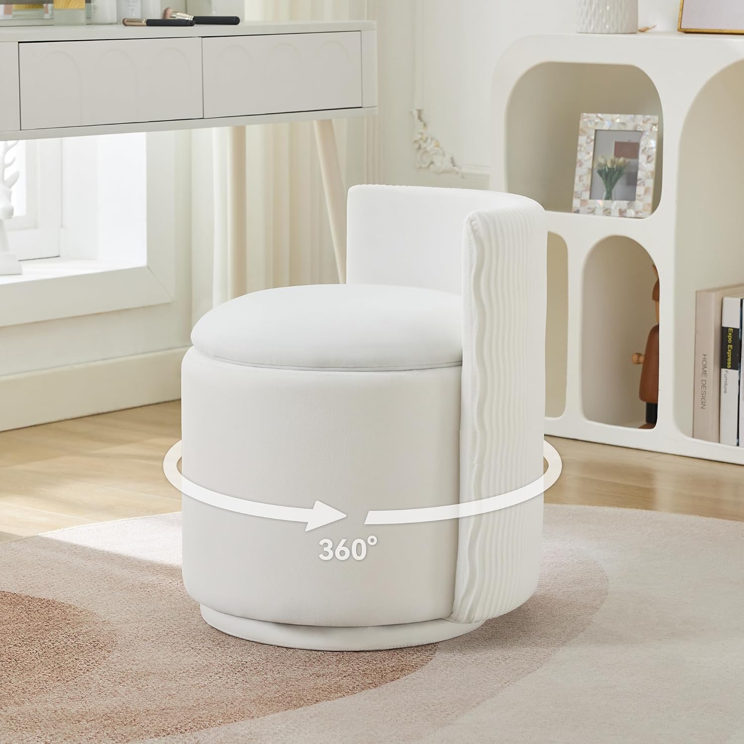 VANITY CHAIR WITH STORAGE – 360° SWIVEL VELVET SEAT - White 360° Swivel Vanity Chair with Hidden Storage