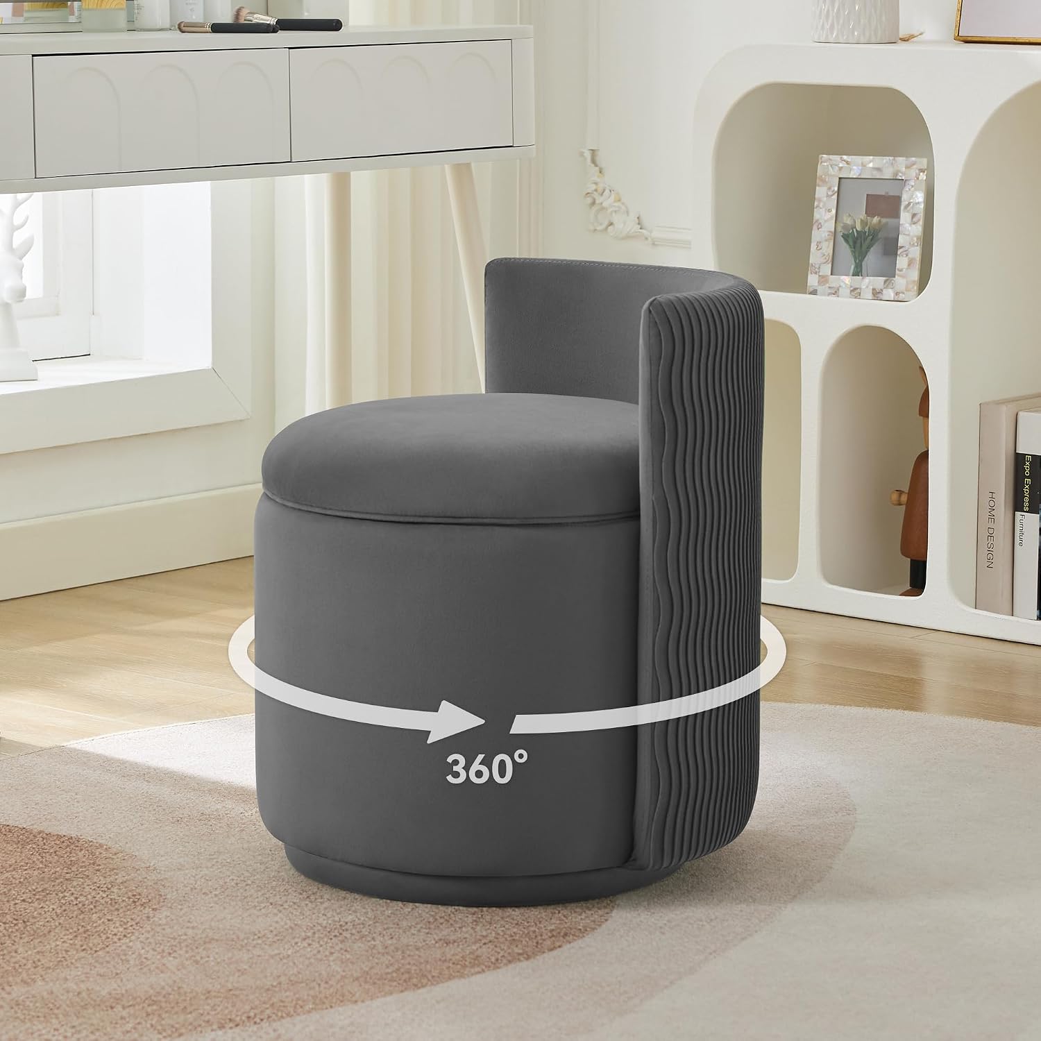 VANITY CHAIR WITH STORAGE – 360° SWIVEL VELVET SEAT - Gray 360° Swivel Vanity Chair with Hidden Storage