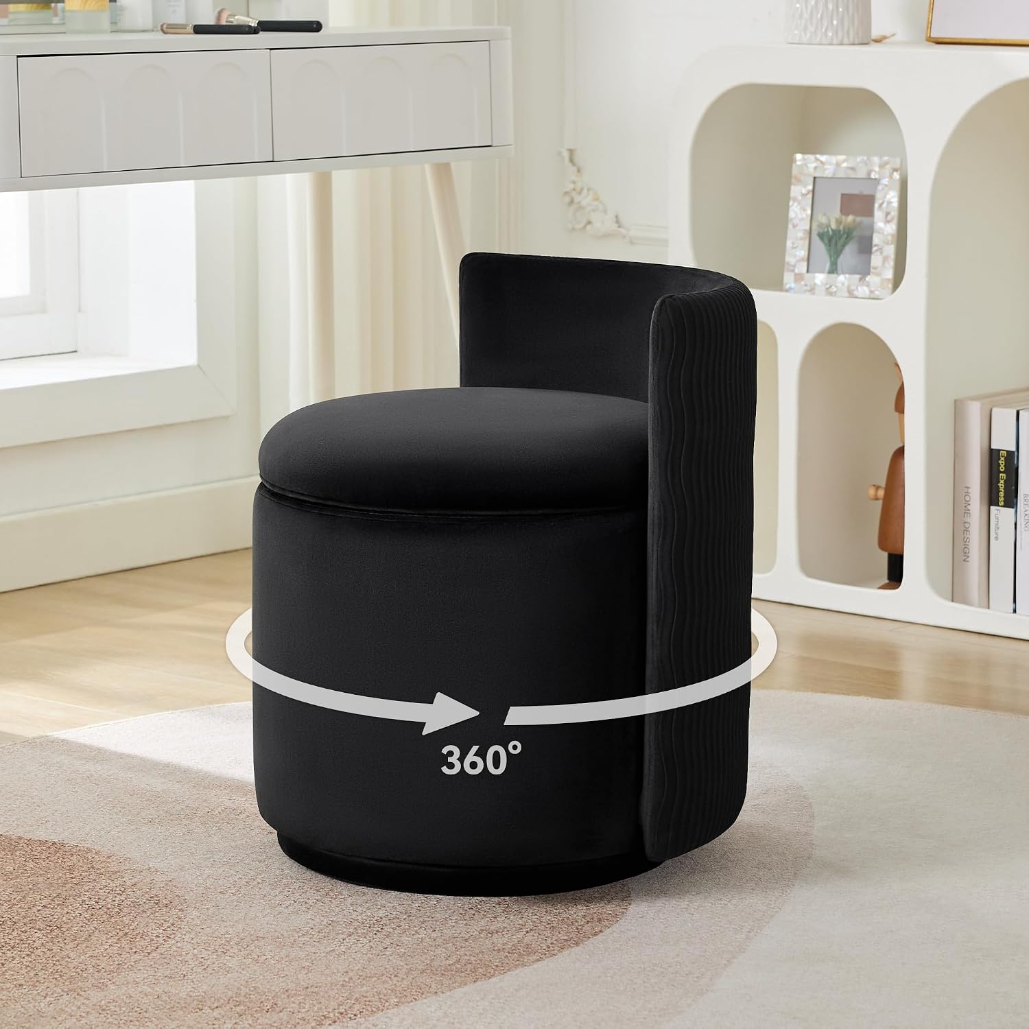 VANITY CHAIR WITH STORAGE – 360° SWIVEL VELVET SEAT - Black 360° Swivel Vanity Chair with Hidden Storage