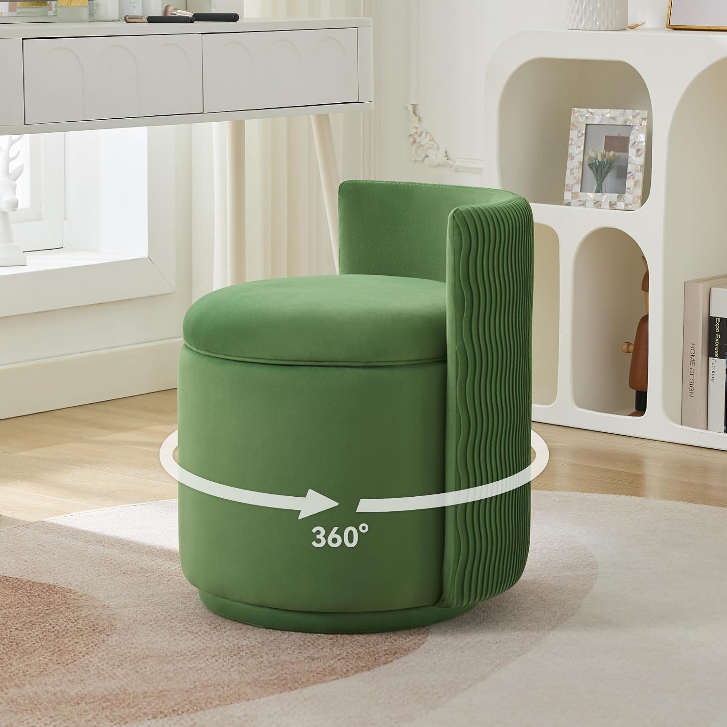 VANITY CHAIR WITH STORAGE – 360° SWIVEL VELVET SEAT - Green 360° Swivel Vanity Chair with Hidden Storage