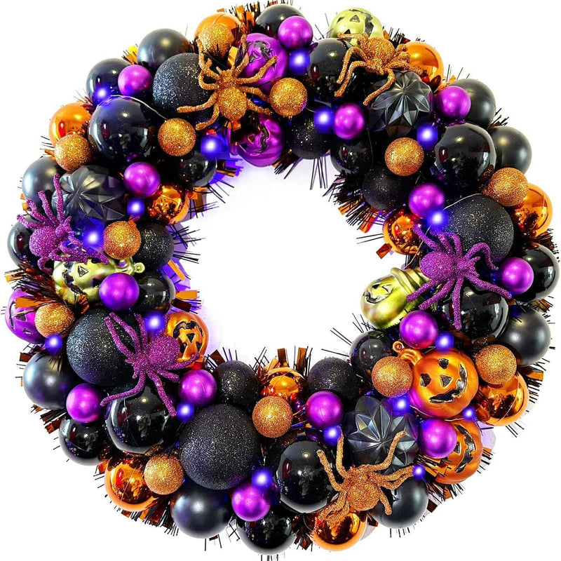 HALLOWEEN WREATH WITH LIGHTS FOR FRONT DOOR – PRE-LIT PUMPKIN, WITCH & GOTHIC PORCH DÉCOR