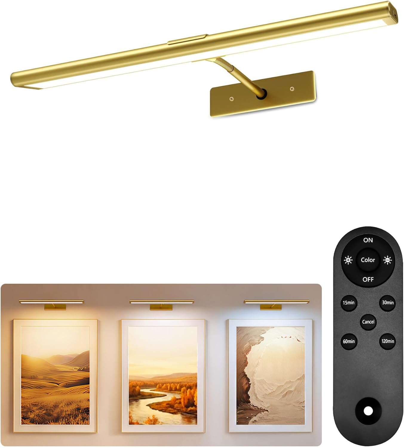 Picture Lights for Wall, Rechargeable Battery Operated LED Gallery Light Bar with Remote & Timer, Dimmable Wireless Wall Sconce for Paintings & Frames - Gold 16" Rechargeable Picture Light