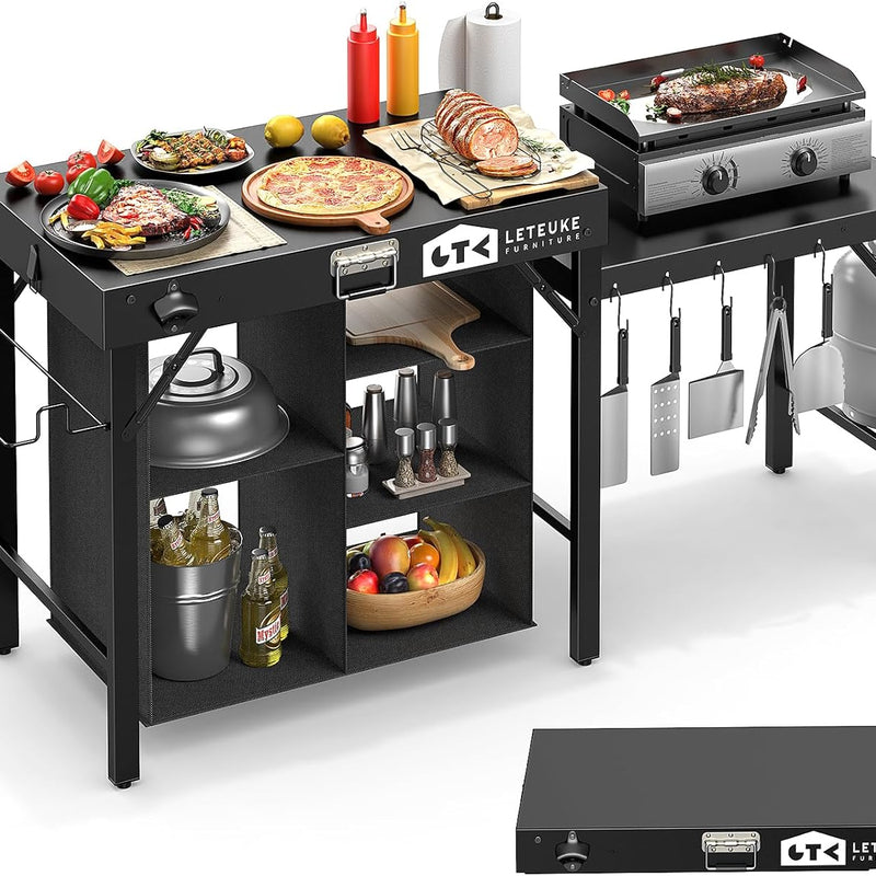 Camping Portable Cook Station/Kitchen Table, Folding Outdoor Cooking Table with Storage