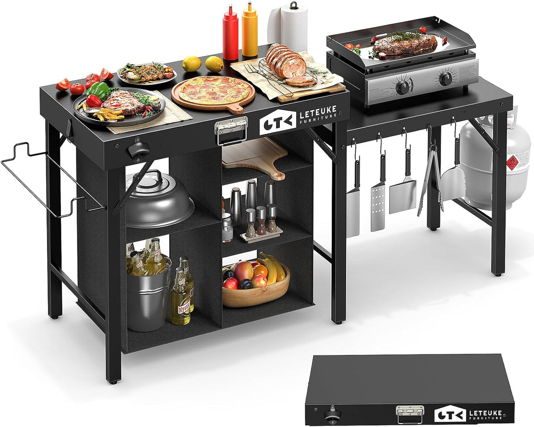Camping Portable Cook Station/Kitchen Table, Folding Outdoor Cooking Table with Storage