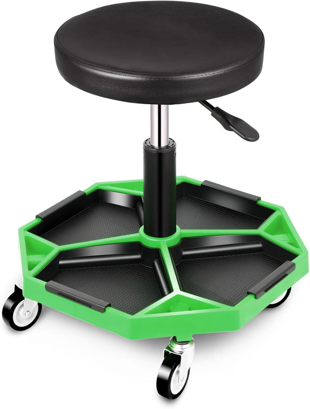 red-black-pneumatic-mechanic-stool-front-view.png | Red and black pneumatic mechanic stool shown from a front angle with padded seat and tool tray mechanic-stool-in-use-brake-repair.png | Mechanic seated on a red and black rolling stool while working on a car's brake rotor in a garage mechanic-stool-dimensions-weight-capacity-chart.jpg | Diagram showing the mechanic stool's seat size