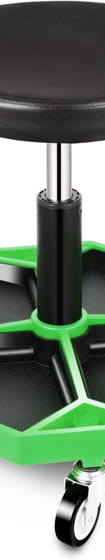red-black-pneumatic-mechanic-stool-front-view.png | Red and black pneumatic mechanic stool shown from a front angle with padded seat and tool tray mechanic-stool-in-use-brake-repair.png | Mechanic seated on a red and black rolling stool while working on a car's brake rotor in a garage mechanic-stool-dimensions-weight-capacity-chart.jpg | Diagram showing the mechanic stool's seat size - Green 300 lbs