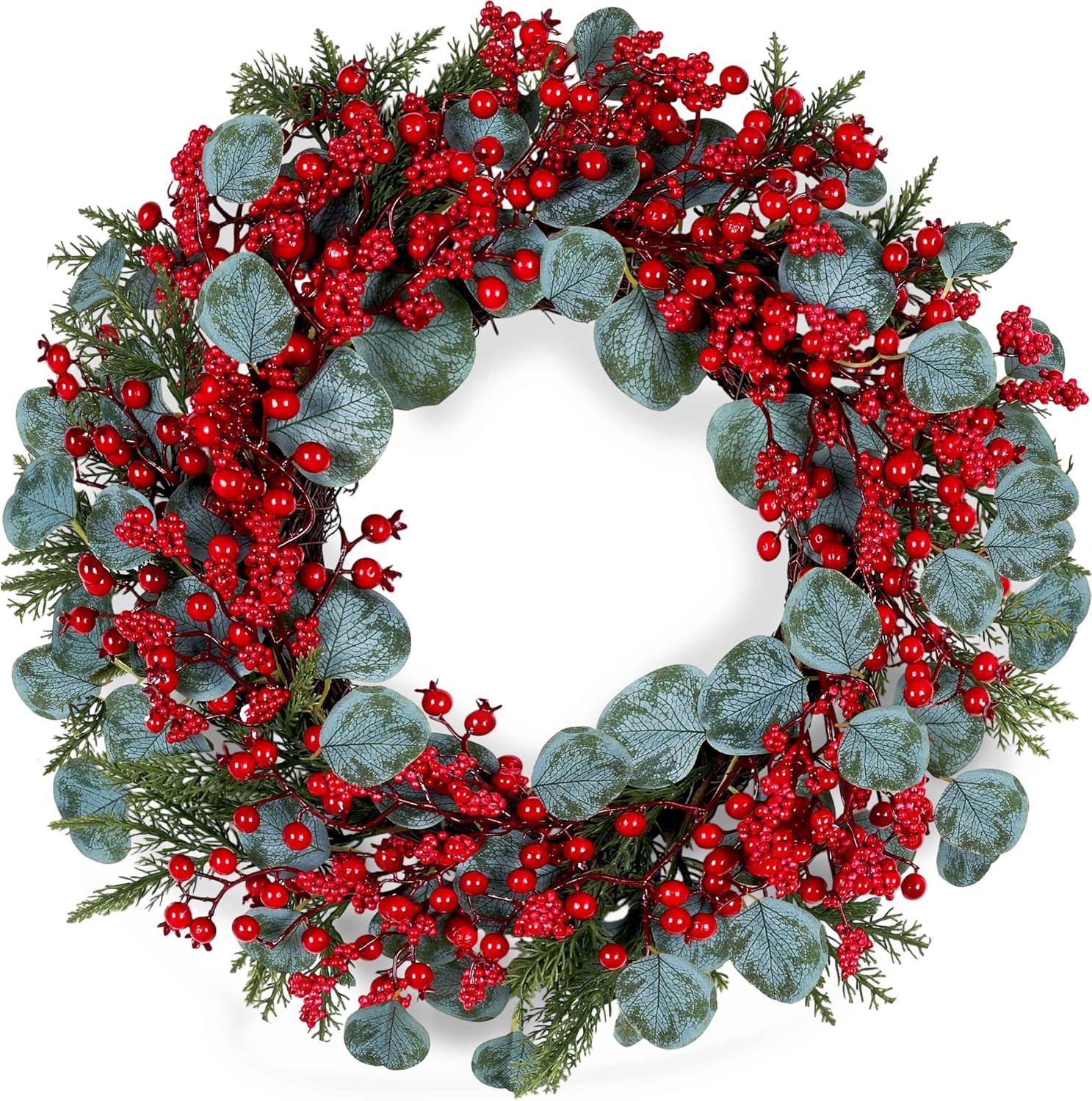 CHRISTMAS BERRY WREATH FOR FRONT DOOR – WINTER PINE HOLIDAY DÉCOR - Red Berry & Eucalyptus 22" Christmas Wreath