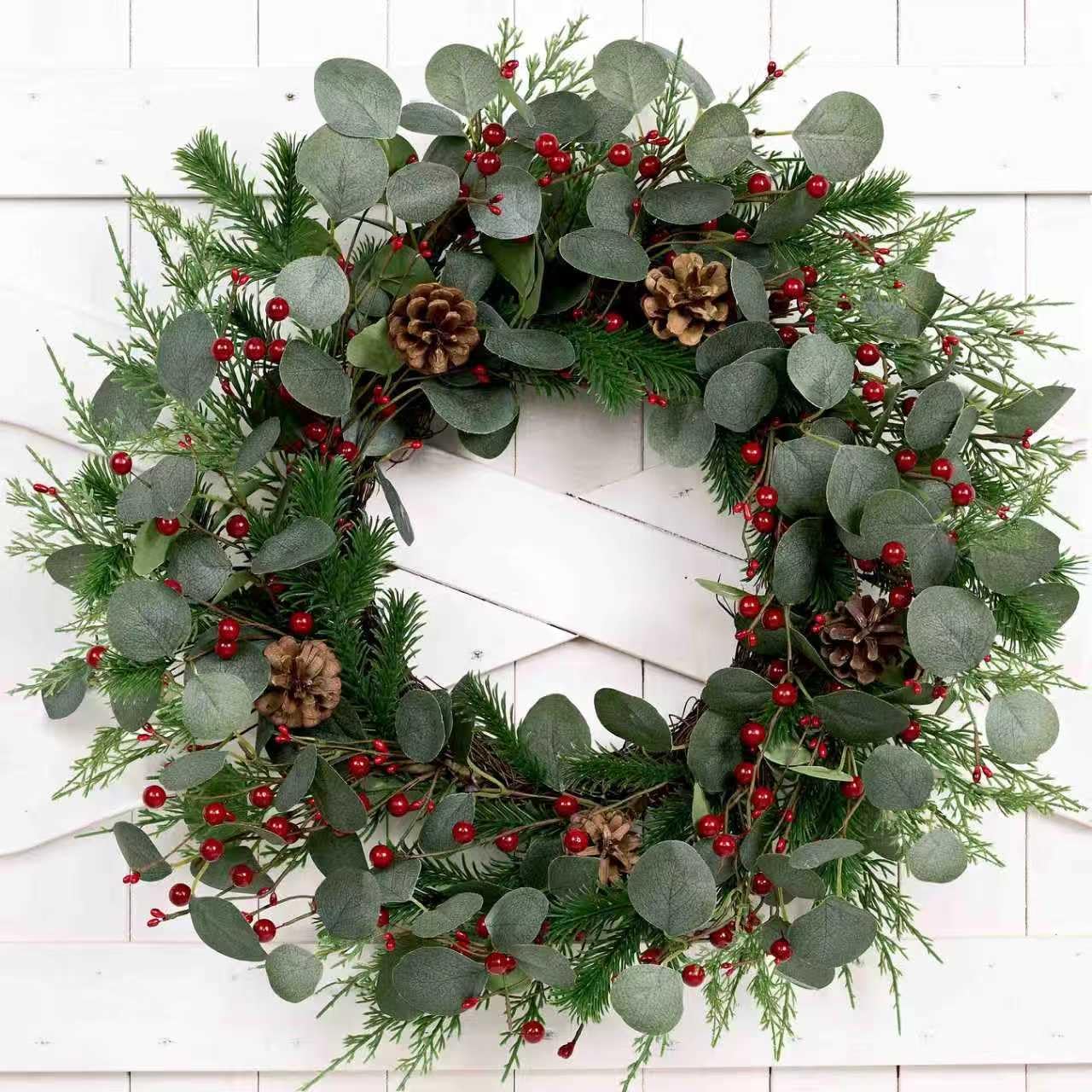 Artificial Christmas Wreath for Front Door, Christmas Wreaths, Greenery Winter Wreaths Holiday Decor - Red & Green 24" Artificial Christmas Pine Berry Wreath
