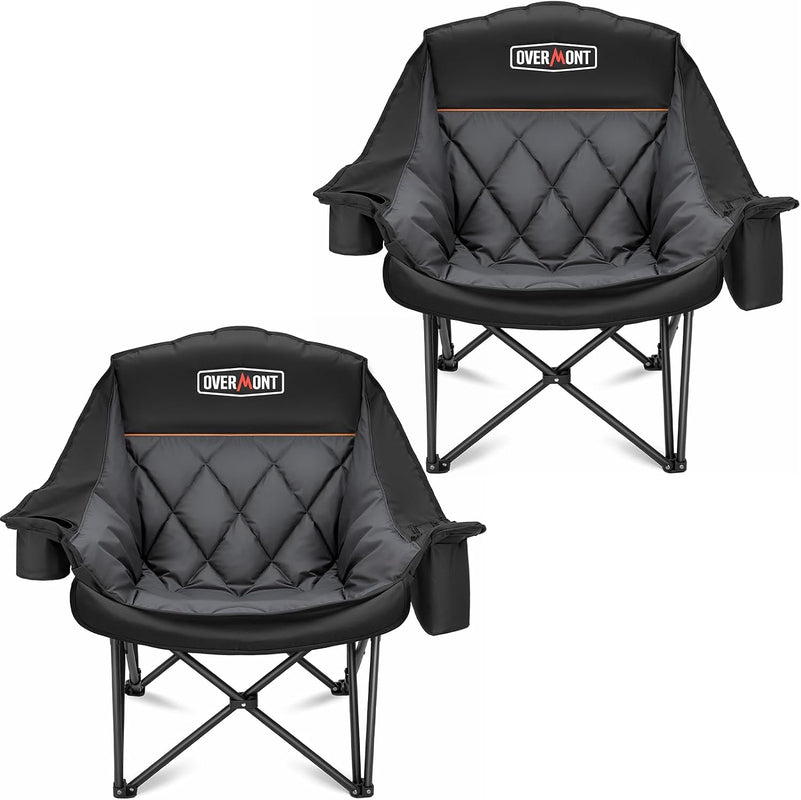 Black oversized folding camping chair with padded quilted seat
