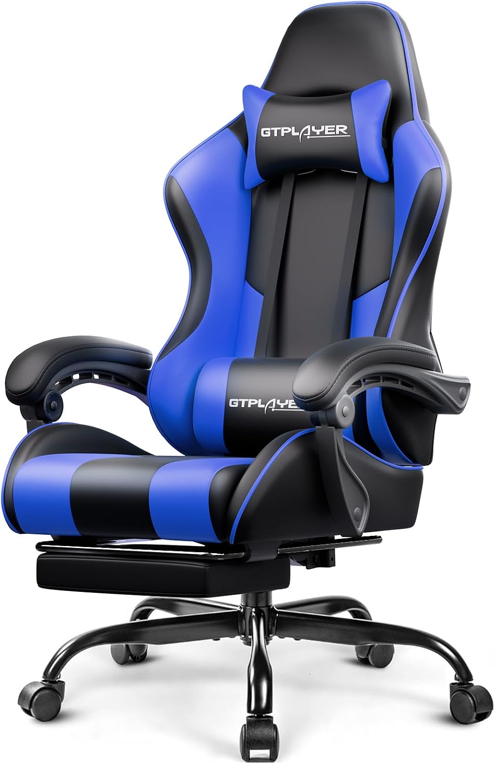 GAMING CHAIR WITH FOOTREST – LUMBAR SUPPORT & 360° SWIVEL - Blue Adjustable Gaming Chair with Footrest & Lumbar Support