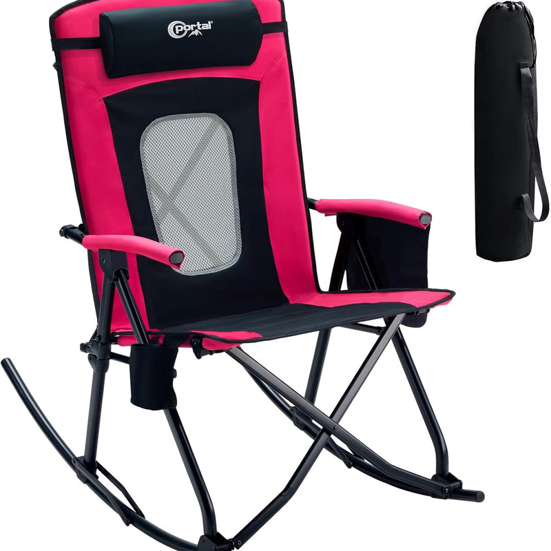 High Back Folding Rocking Camping Chair – Oversized Portable Outdoor Rocker with Cup Holder, Carry Bag & Heavy-Duty Steel Frame