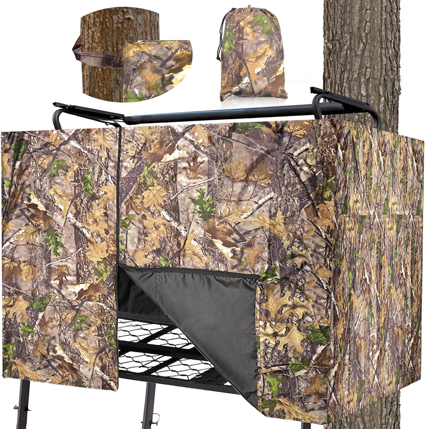 Hunting Tree Stand Blinds Cover 142" x 35" Extra Large Camouflage Universal Tree Stand Blinds Realistic Forest Camo Treestand Cover with Zipper for Deer Elk Hunting, Frames Not Included - 142"x 40" 500D Camo 2-3 Person