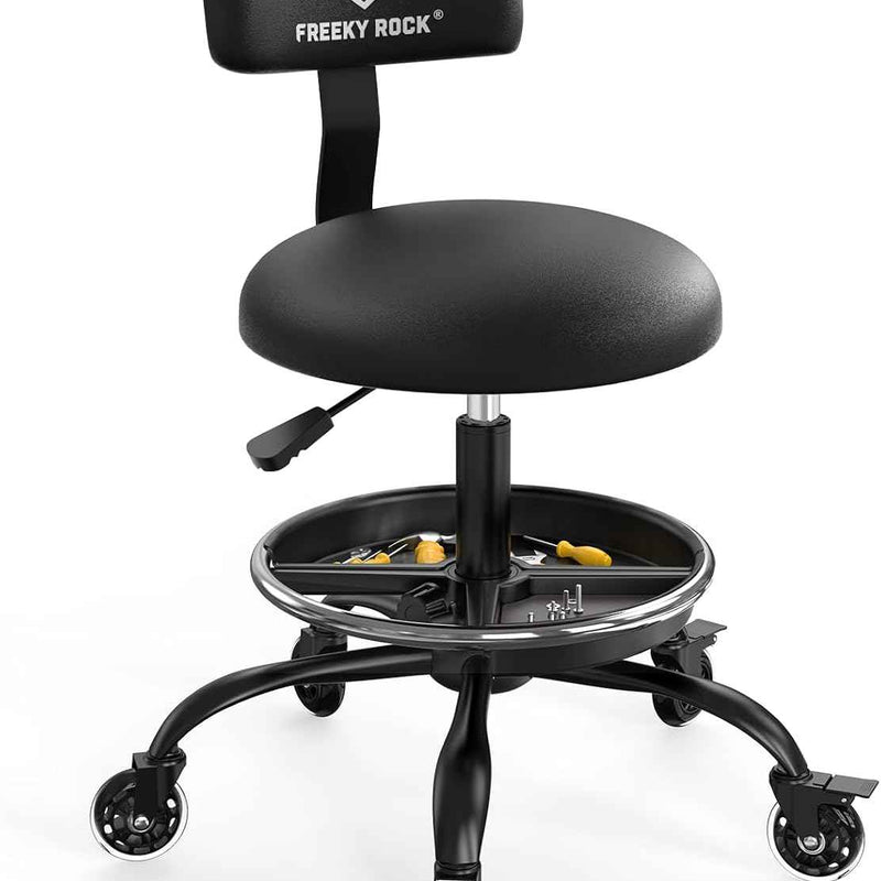 Rolling Mechanic Chair with Backrest and Footrest – Heavy Duty Shop Stool with Wheels, Adjustable Height Swivel Garage Chair