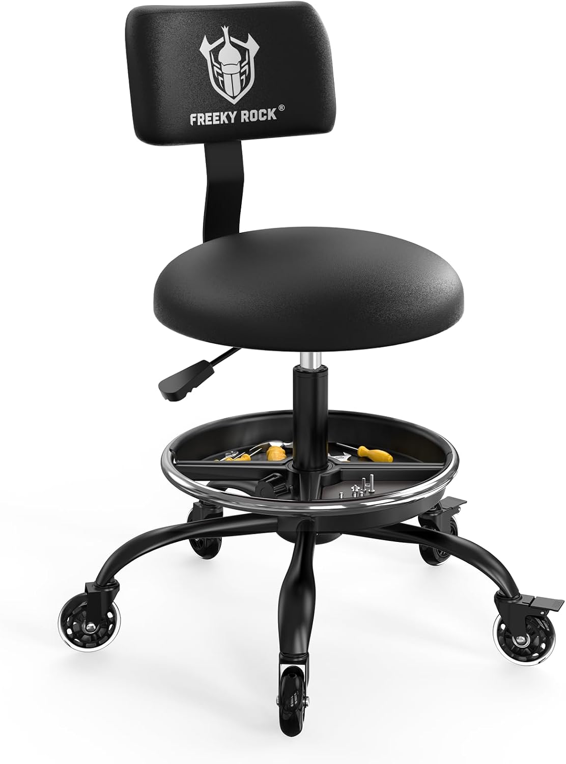 Rolling Mechanic Chair with Backrest and Footrest – Heavy Duty Shop Stool with Wheels, Adjustable Height Swivel Garage Chair - Black 330 lbs