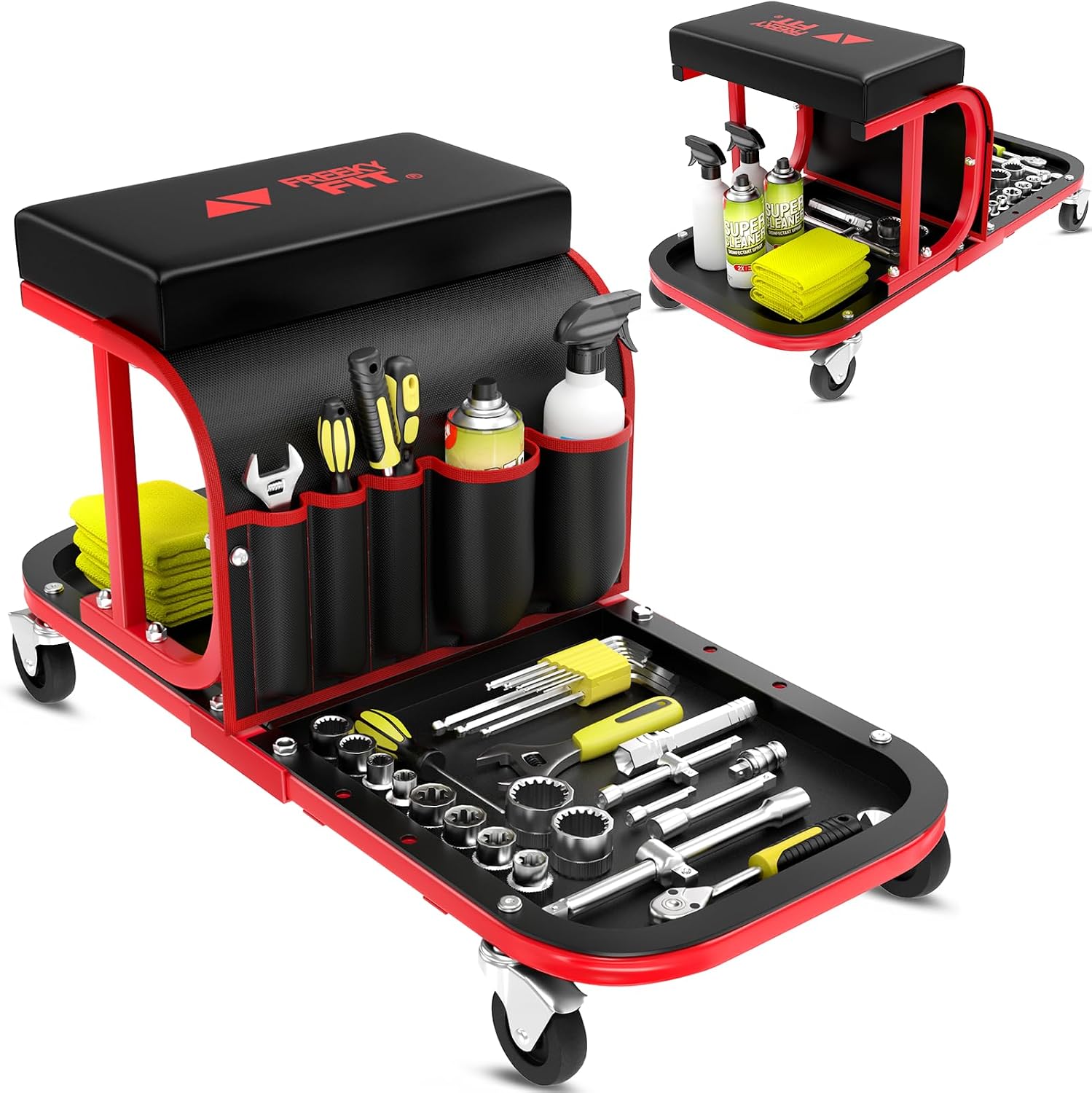 Rolling Mechanic Stool with Tool Tray - Creeper Seat with Wheels for Garage & Shop, Rolling Work Stool with Wheels for Mechanics, Auto Repair Workshop - Black 300 lbs