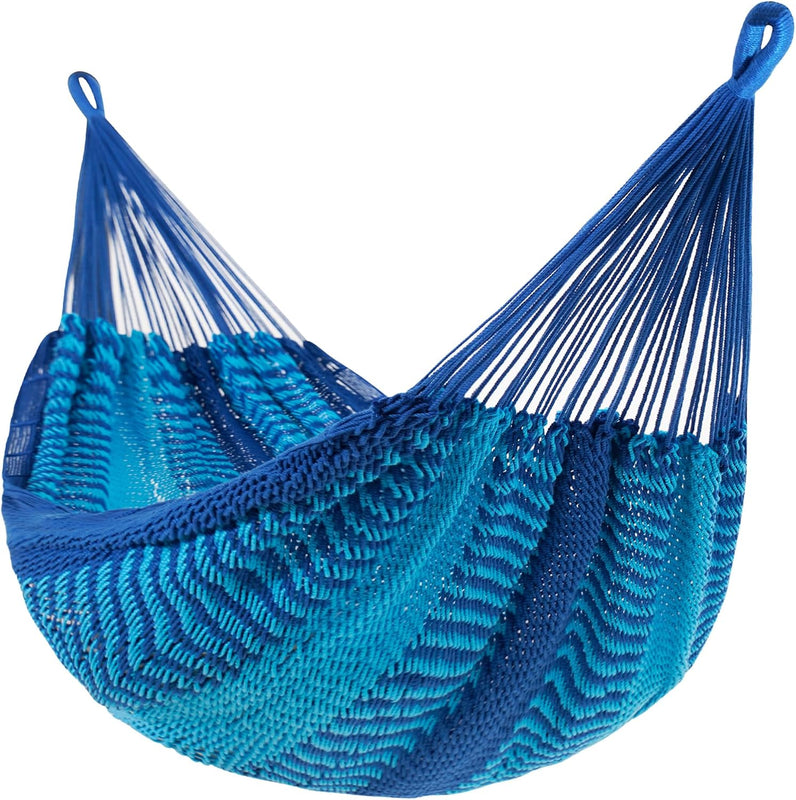 Handwoven Mayan Rope Double Hammock with Tree Straps, Carabiners & Carry Bag - Blue/Dark Blue