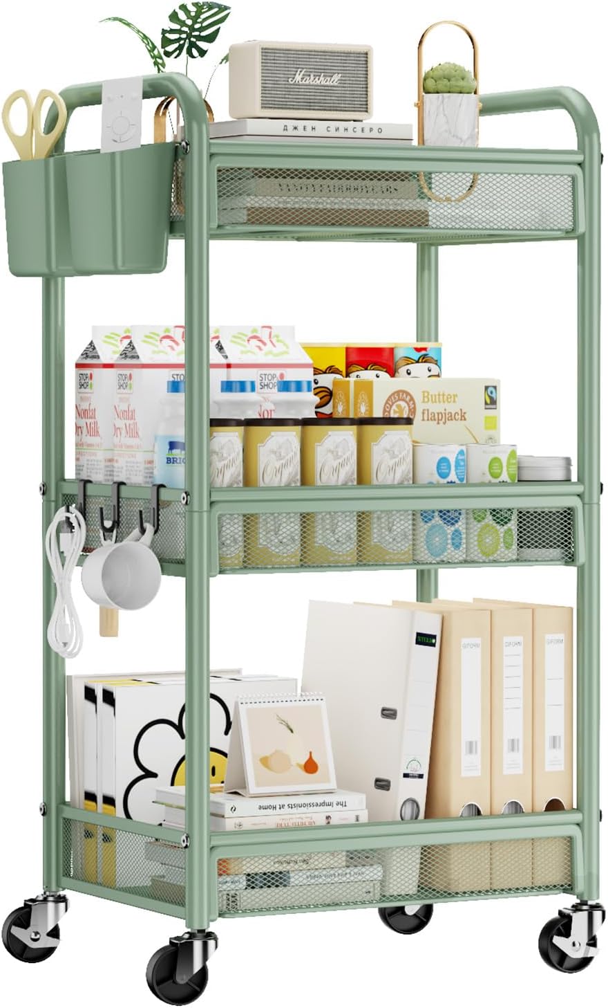 3-TIER ROLLING CART – METAL ORGANIZER WITH LOCKABLE WHEELS - Green 3-Tier Heavy-Duty Metal Rolling Utility Cart