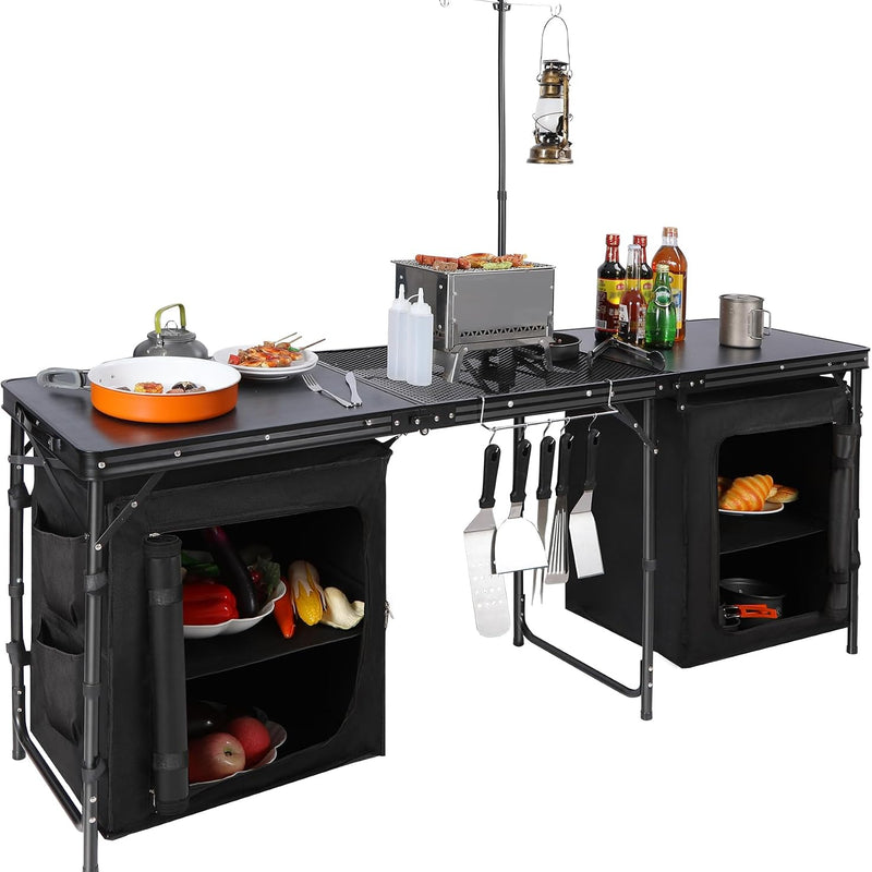 Camping Portable Cook Station/Kitchen Table, Folding Outdoor Cooking Table with Storage