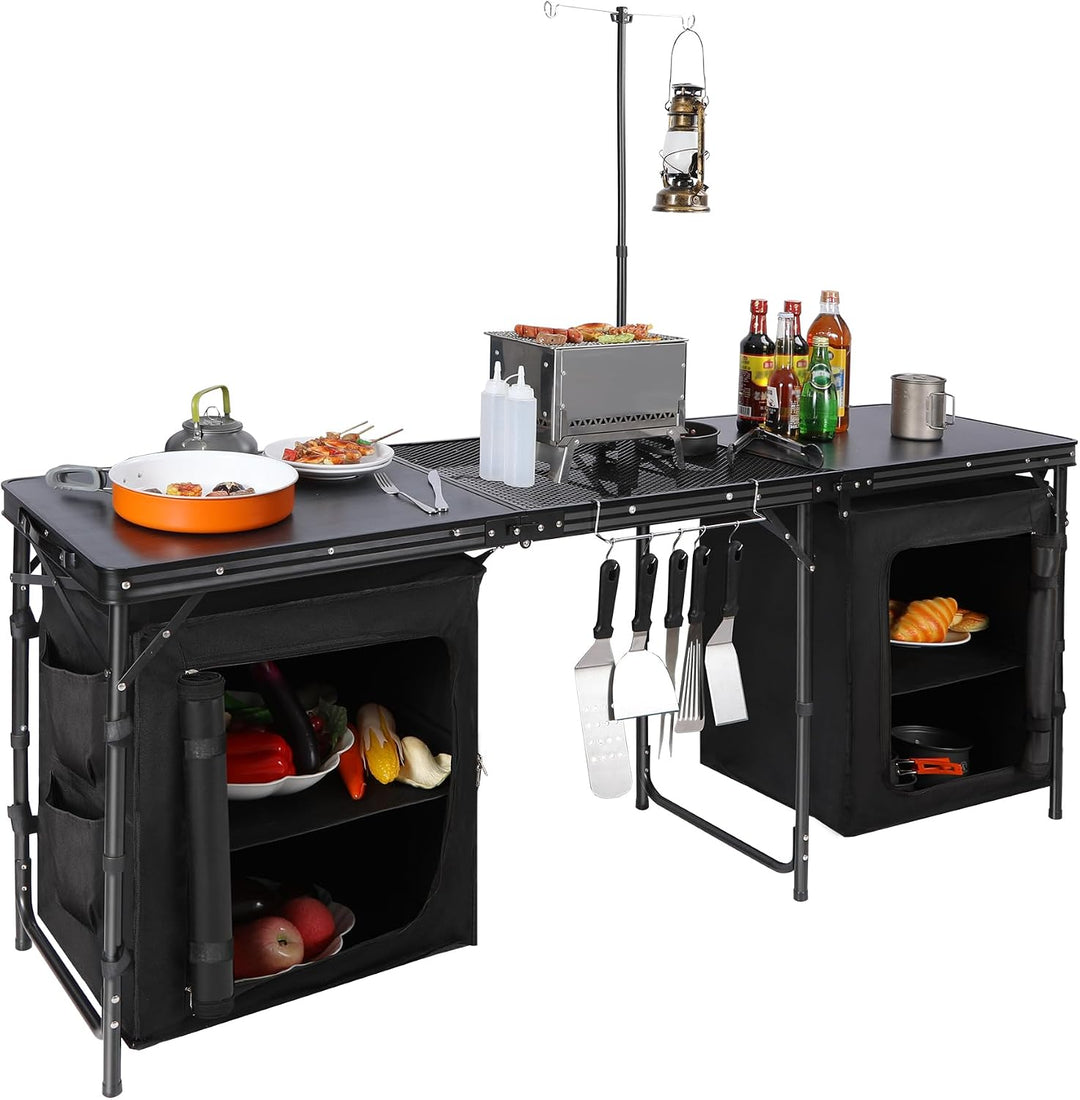 Camping Portable Cook Station/Kitchen Table, Folding Outdoor Cooking Table with Storage