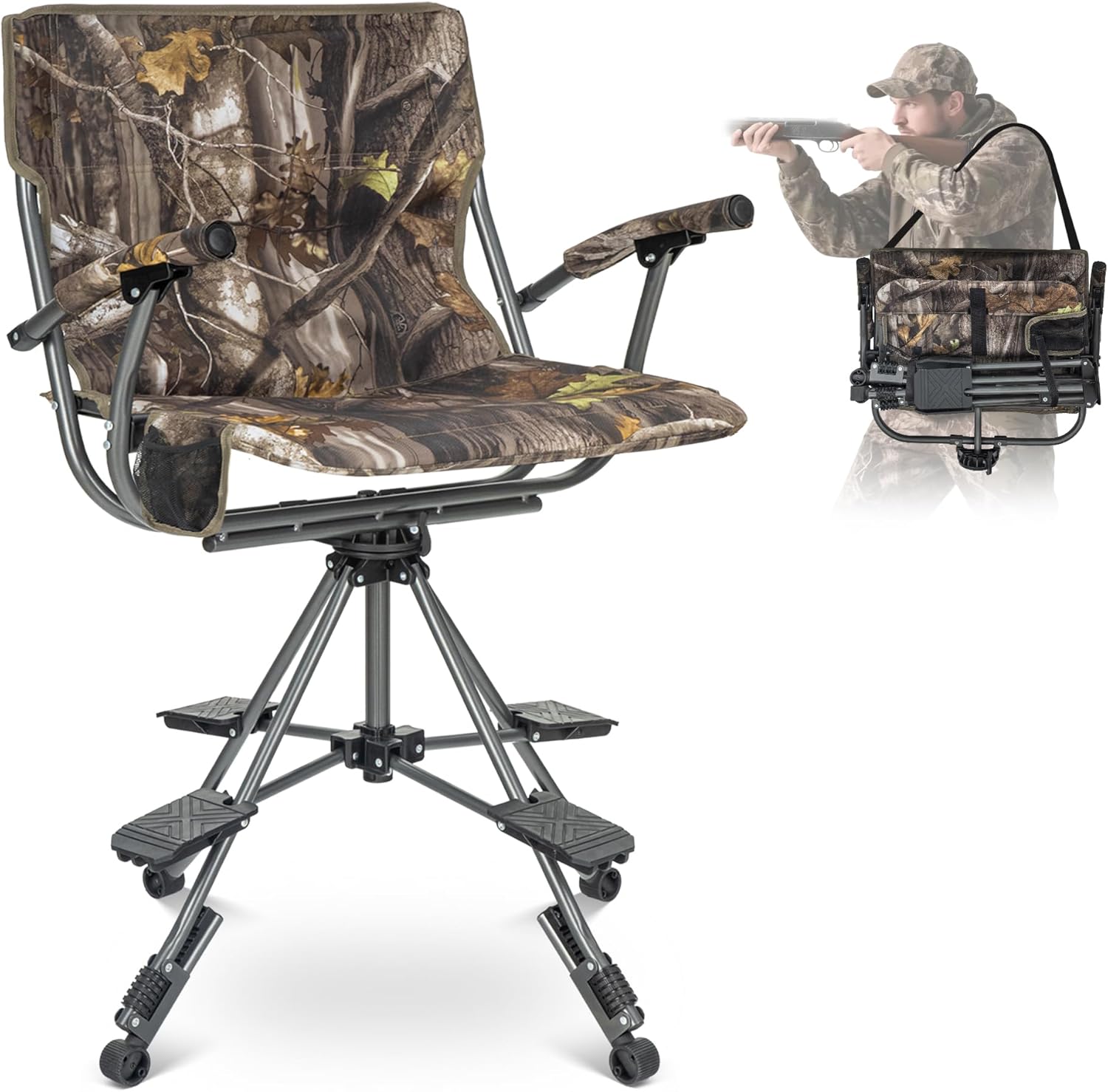 360° Swivel Hunting Chair with Adjustable Legs & Rifle Rest – Portable Tripod Seat - 360 Swivel High Seat with footrest  Camo