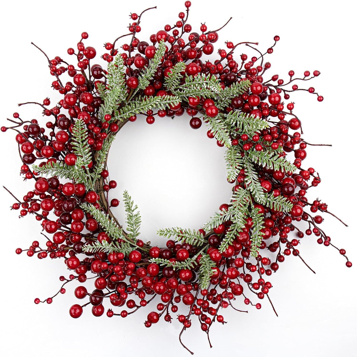 CHRISTMAS BERRY WREATH FOR FRONT DOOR – WINTER PINE HOLIDAY DÉCOR - Red Berry & Pine Needle 20" Christmas Wreath