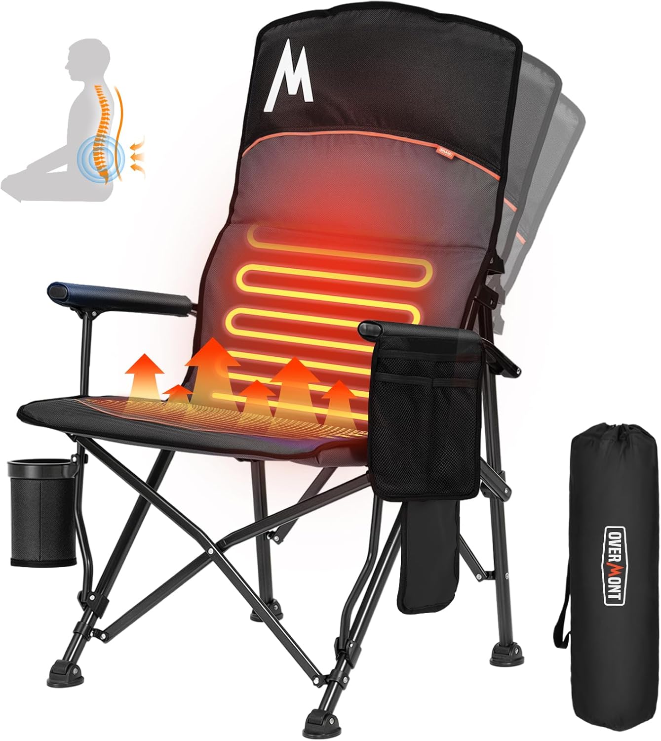 Heated Camping Chair for Adult Outdoor Activities - Portable Folding Heated Chair with 3 Adjustable Heat Levels, Heating Backrest Cushion Support 264LBS for Patio Camping (Battery Not Included) - Heated Black Single Camping Chair