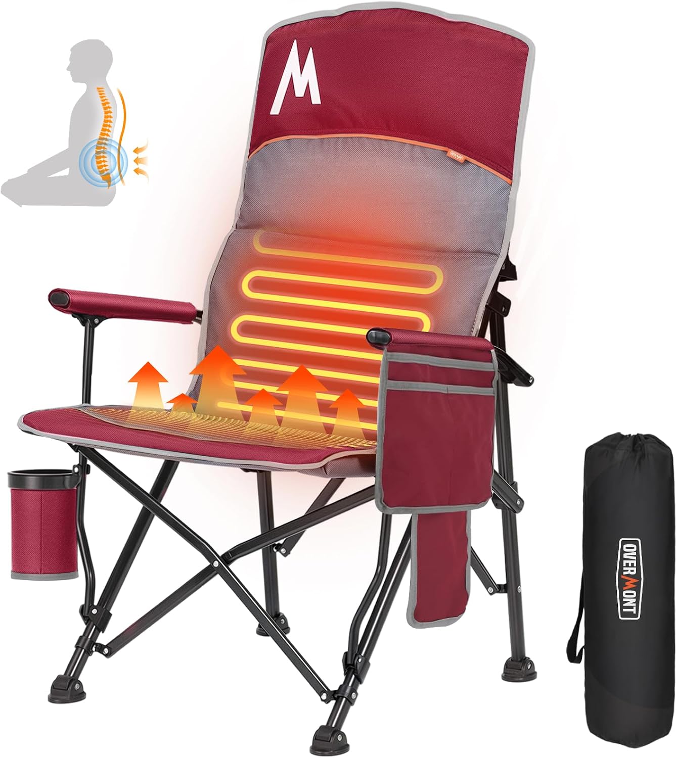 Heated Camping Chair for Adult Outdoor Activities - Portable Folding Heated Chair with 3 Adjustable Heat Levels, Heating Backrest Cushion Support 264LBS for Patio Camping (Battery Not Included) - Heated Red Single Camping Chair
