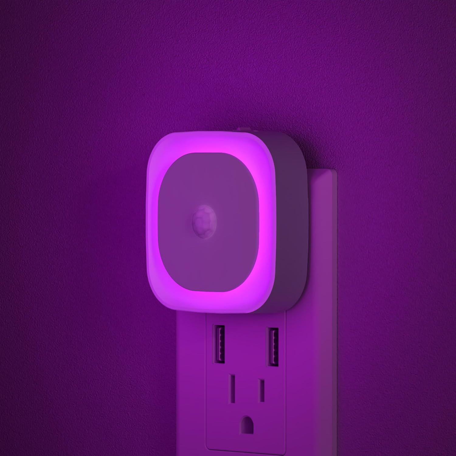 PLUG-IN NIGHT LIGHT – MOTION SENSOR, DUSK-TO-DAWN & DIMMING - Purple 2-Pack 3-Mode Sensor Night Lights