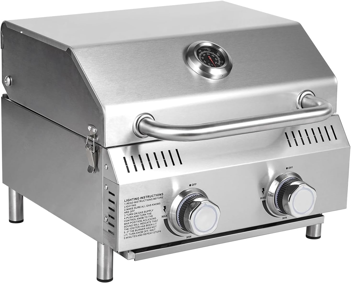 PORTABLE STAINLESS STEEL TABLETOP PROPANE GRILL – 2 & 3 BURNER OUTDOOR BBQ OPTIONS - 2-Burner Tabletop Propane 16.93"W x 15.75"D x 13.58"H