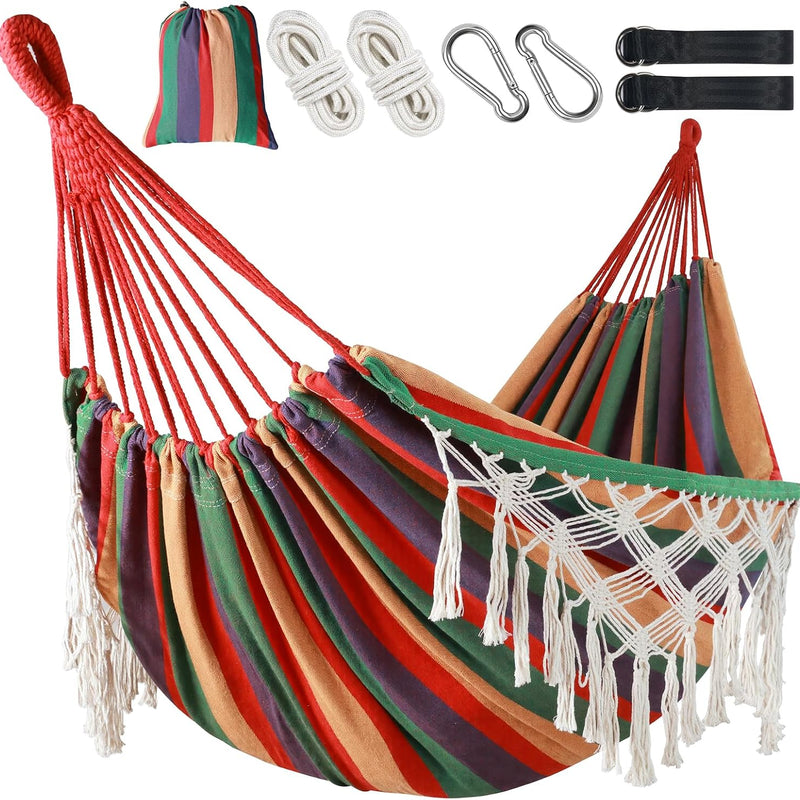 Boho Macrame Double Hammock Swing with Tassels – 2-Person Hanging Hammock Bed for Indoor & Outdoor Relaxation