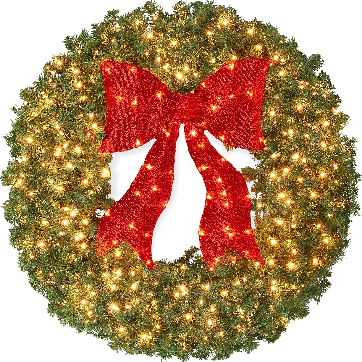 PRE-LIT CHRISTMAS WREATH – WARM LED DOOR DÉCOR - Green Spruce 24" Pre-Lit Christmas Wreath with Red Bow